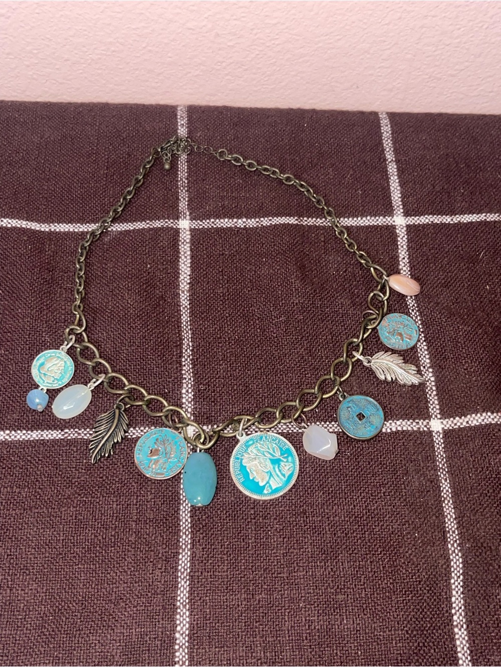 Western Beaded Charm Necklace Brass Tone Mixed Dangle Charms Coins